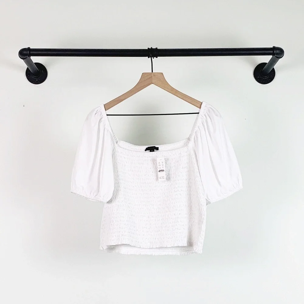 NWT J. Crew Top Smocked Broken In Jersey Crop in White AY449